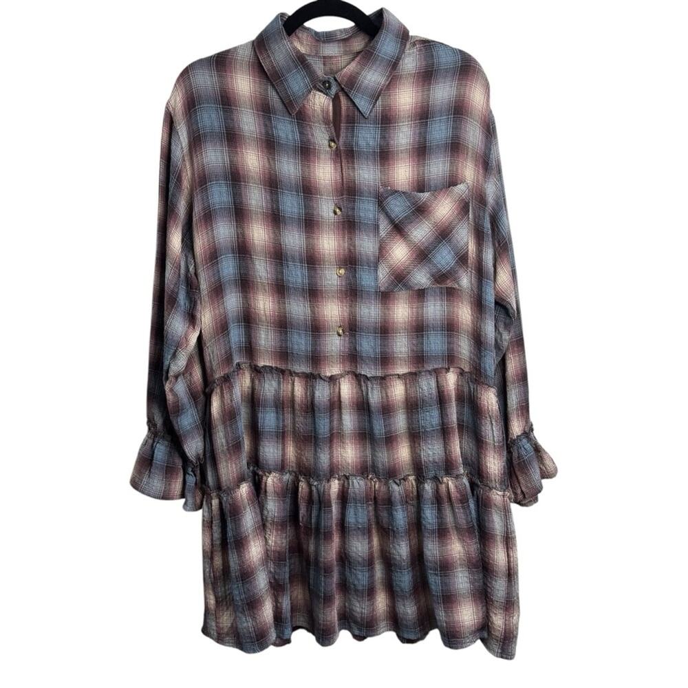 Vintage Havana Cream and Blue Plaid Button Front Long Sleeve Mini Dress